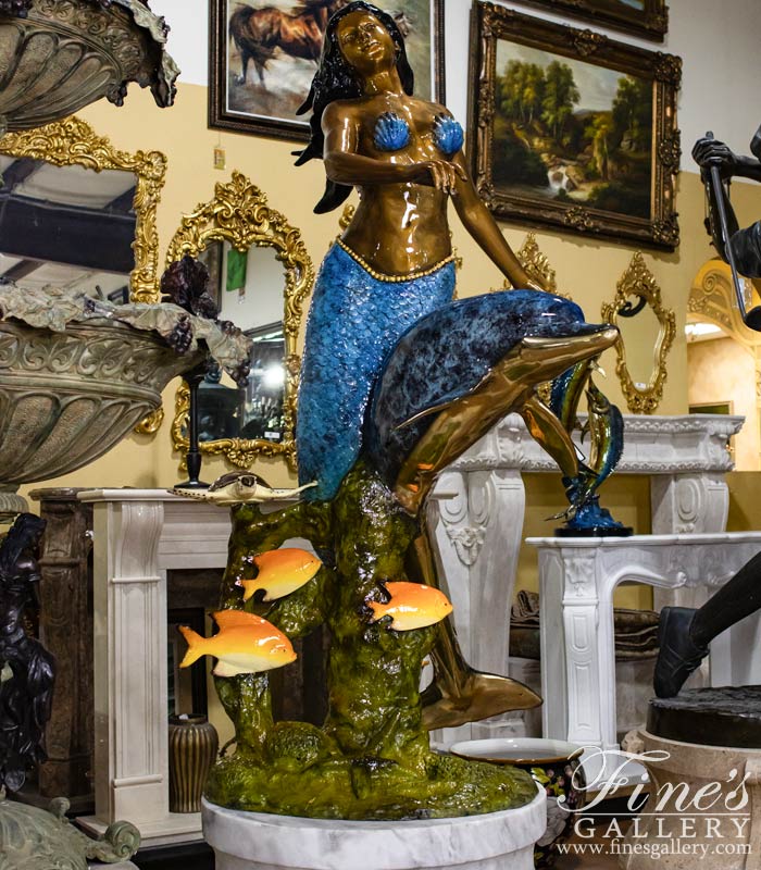 Bronze Fountains  - Bronze Mermaid, Dolphin And Tropical Fish Fountain - BF-714