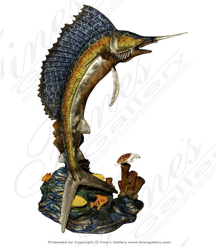 Bronze Fountains  - Bronze Marlin, Sea Turtle & Tropical Fish Fountain Feature - BF-814