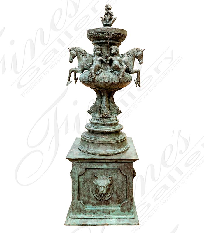 Rare Patina Horse, Lion, Cherub Themed Bronze Fountain