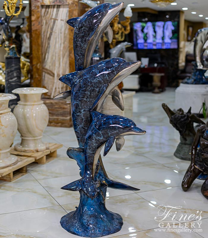 Three Dolphins Bronze Fountain in Dazzling Blue Enamel