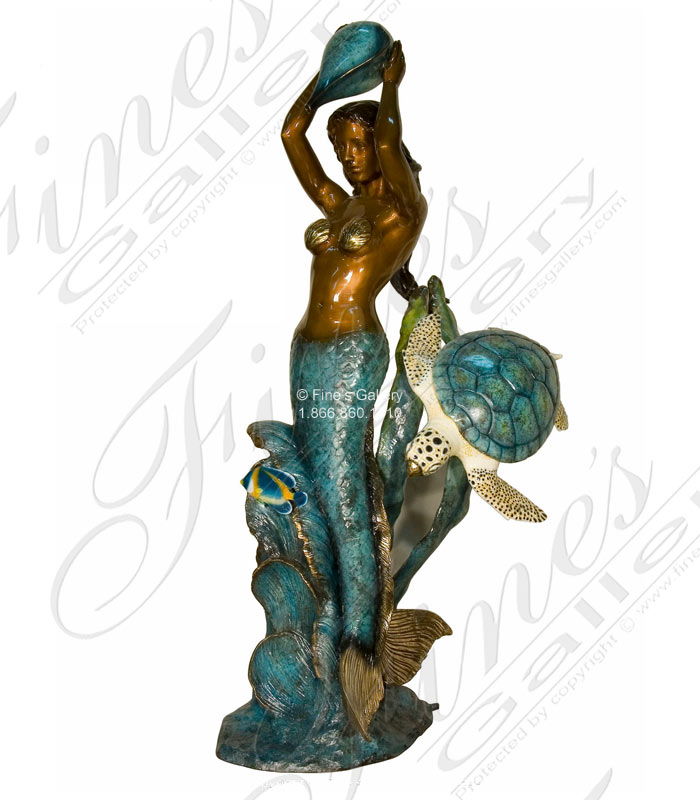 Bronze Mermaid With Sea Turtle and Tropical Fish Fountain