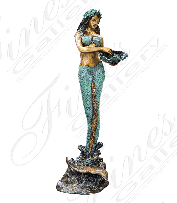 Bronze Fountains  - Standing Bronze Mermaid With Shell Fountain - BF-898