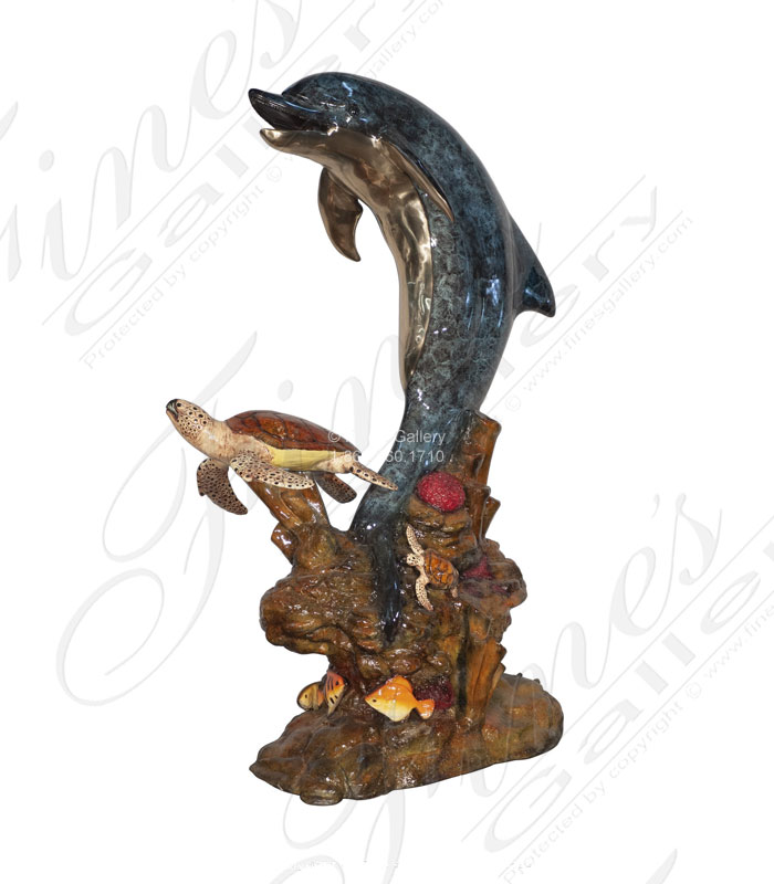 Bronze Fountains  - 78 Inch Tall Baked Enamel Bronze Dolphin With Sea Turtles - BF-904