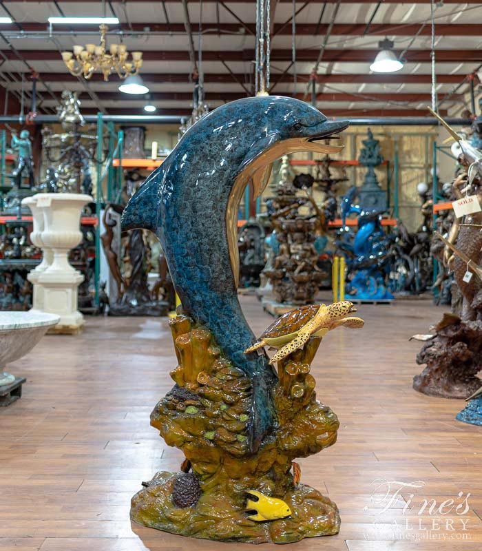 Bronze Fountains  - 78 Inch Tall Baked Enamel Bronze Dolphin With Sea Turtles - BF-904