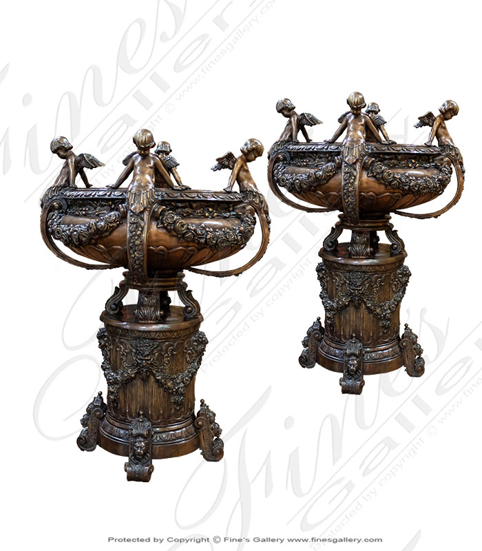 Bronze Planters  - Europa IV Bronze Cherub Garland Vase Pair - BP-1198