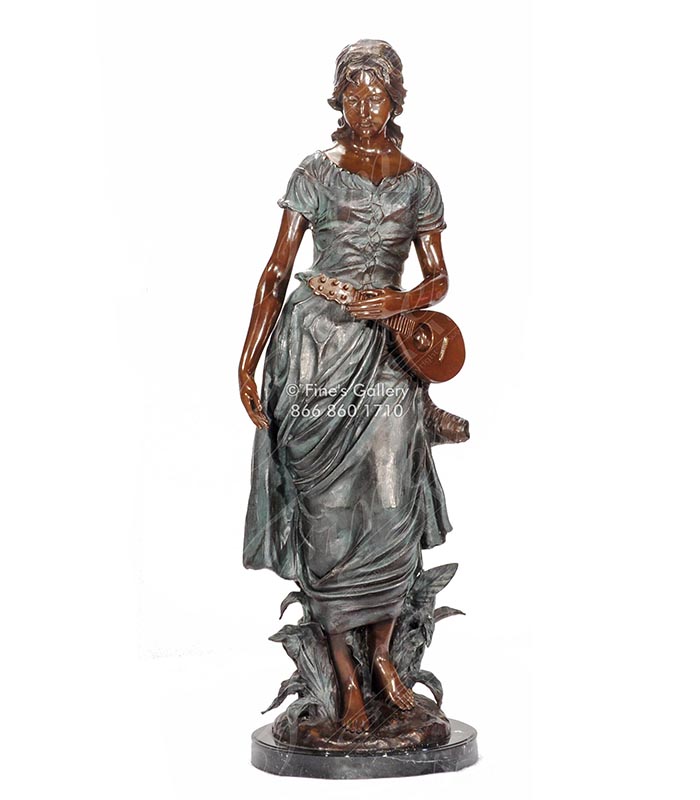 Bronze Statues  - Young Woman With Lute Statue - BS-1371