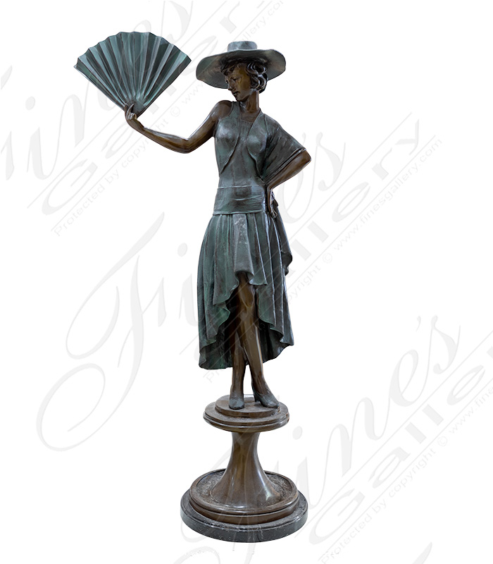 Bronze Statues  - A Vintage Lady Standing Holding Fan Bronze Statue - BS-141