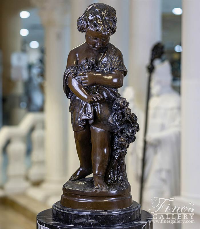 Bronze Statues  - A Child With Flowers In Museum Quality Vintage Bronze - BS-1581