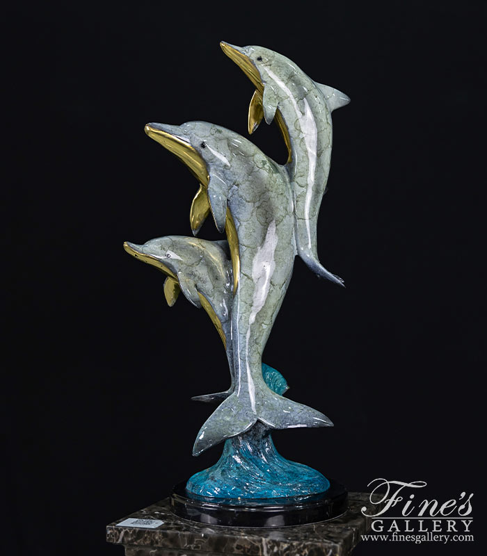 Bronze Statues  - Aqua Marine Blue Three Bronze Dolphins Desktop Statue - BS-1653