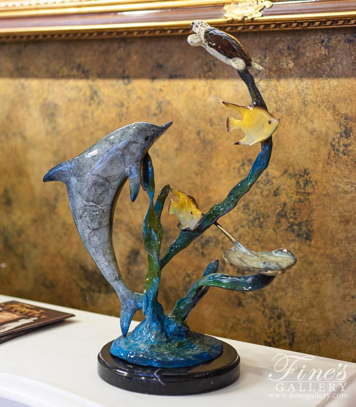 Bronze Statues  - Enamel Bronze Dolphin, Sea Turtle, Tropical Fish And Sting Ray - BS-1688