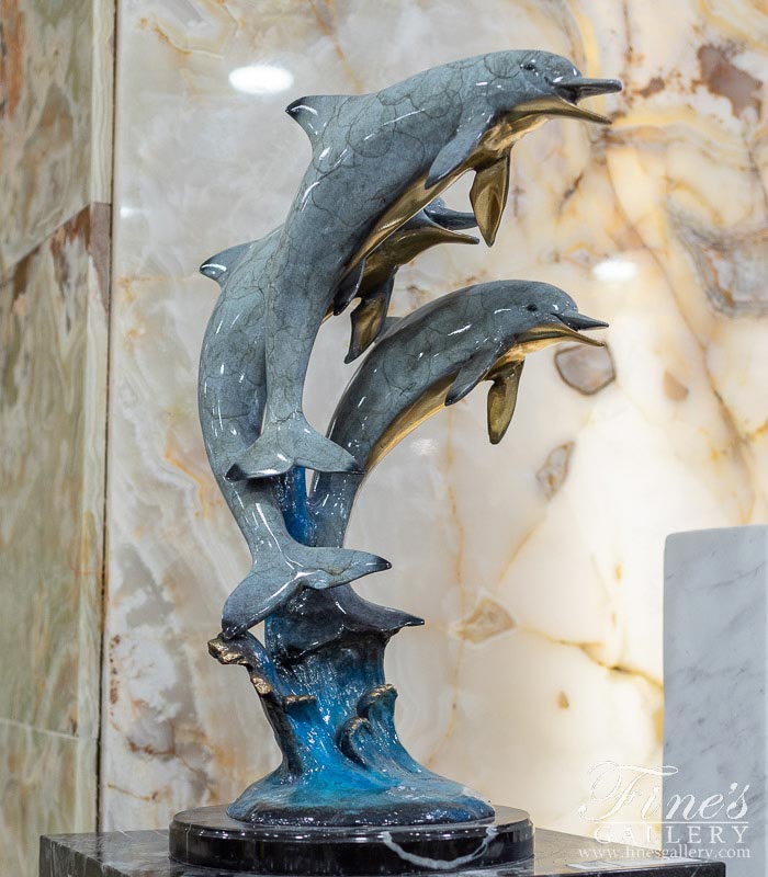 Desktop Three Dolphins Statue in Brilliant Blue Bronze