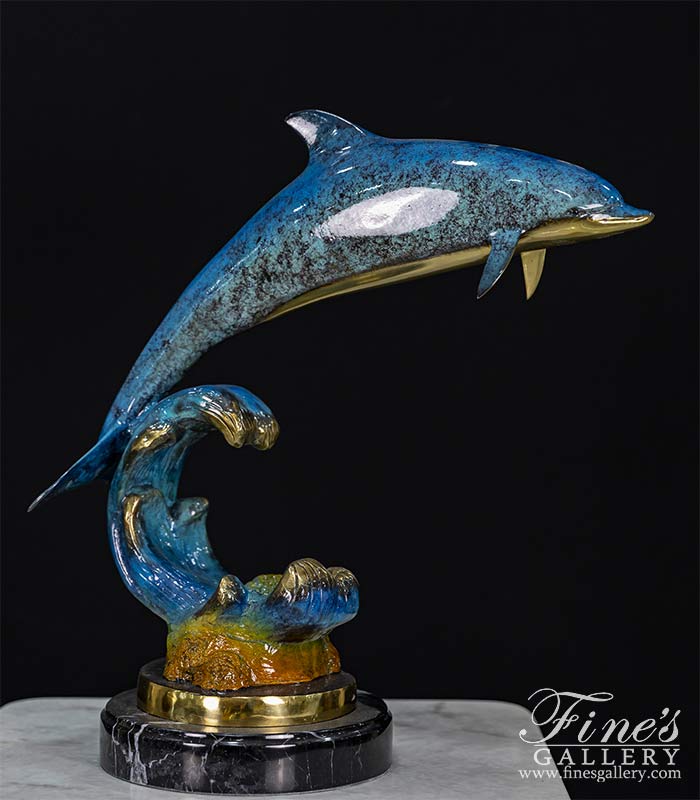 Bronze Statues  - Dolphin Riding Wave In Brilliant Blue Bronze - BS-1722