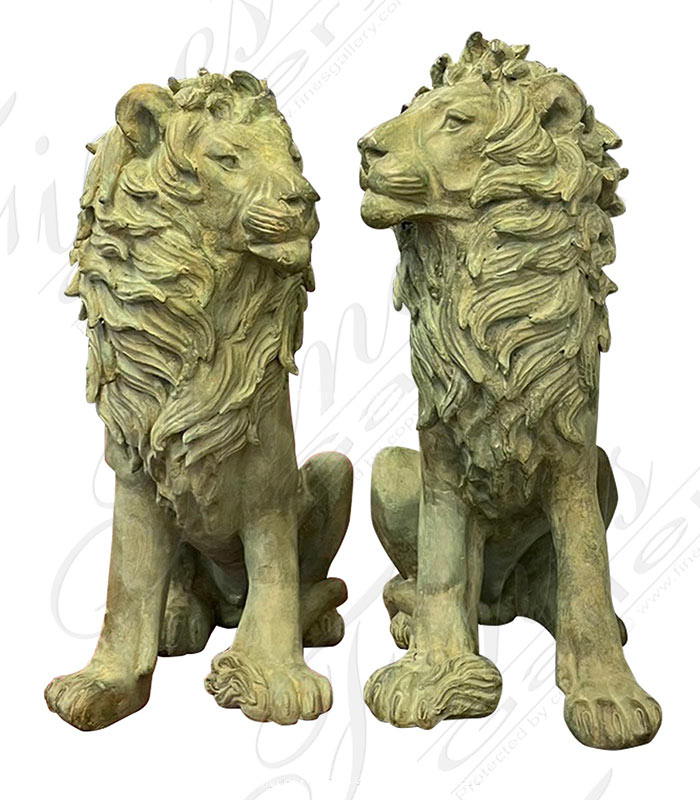 Bronze Statues  - Watchful Lion Pair In Antique Patina Finish Bronze - BS-1733