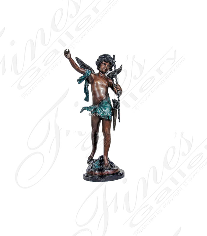 Bronze Statues  - Playful Young Cherub Boy W/Staff Bronze Statue - BS-372