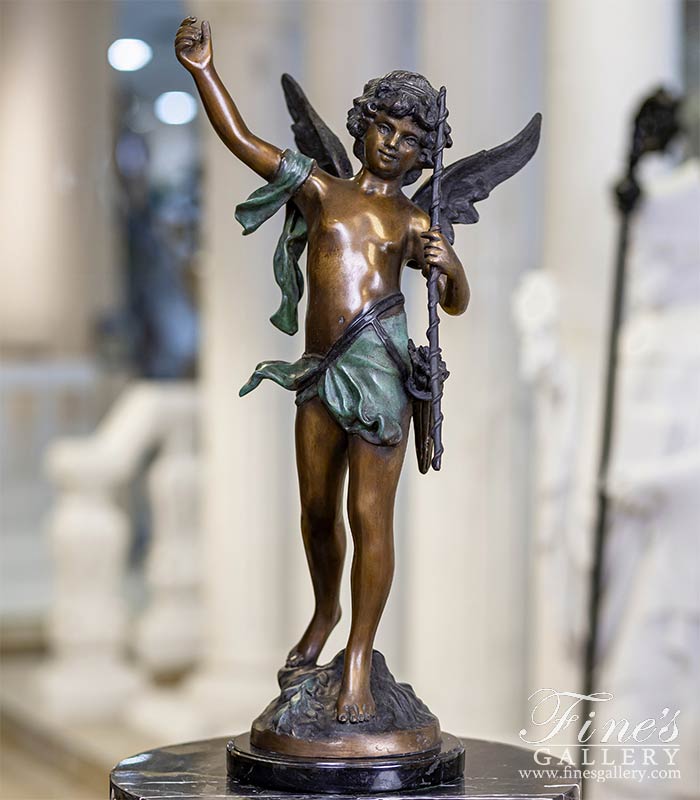 Bronze Statues  - Playful Young Cherub Boy W/Staff Bronze Statue - BS-372