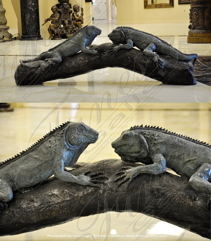 Bronze Statues  - Bronze Iguanas On Tree Stump Statue - BS-489