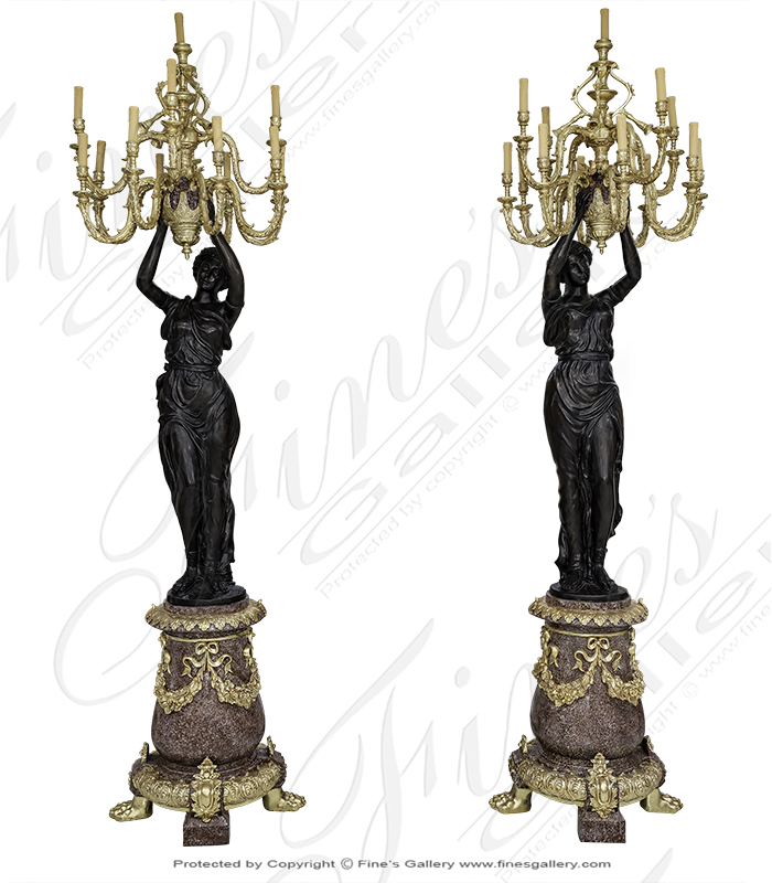 Lighting Lamposts  - Stunning Life Size Candelabra Statue Pair With Gold Gild Chandelier - LMP-044