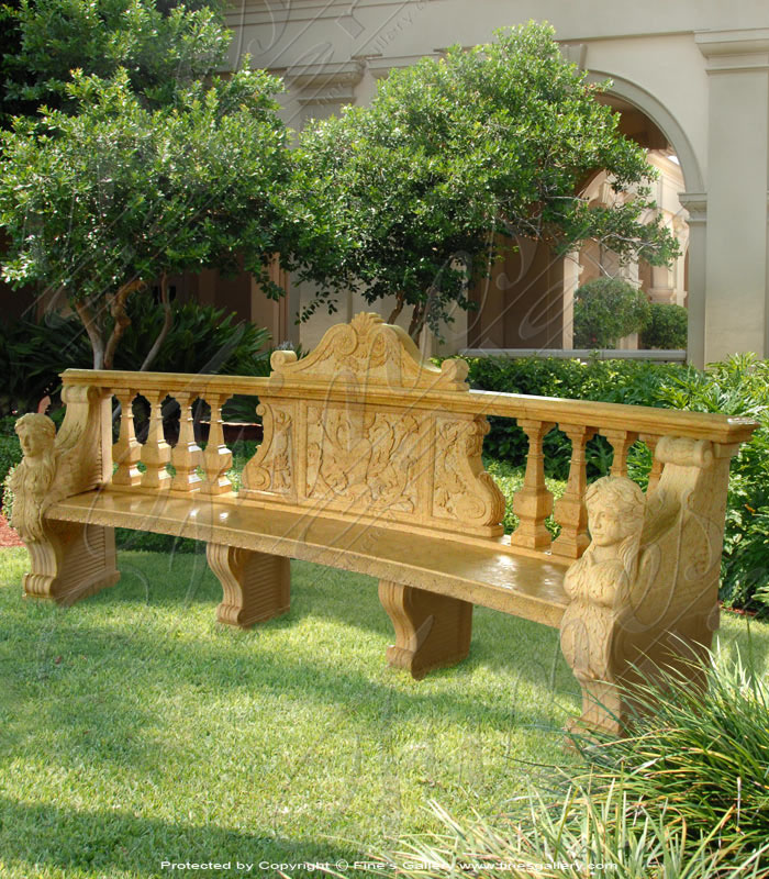 Marble Benches  - Curved Marble Bench W/Lions - MBE-670