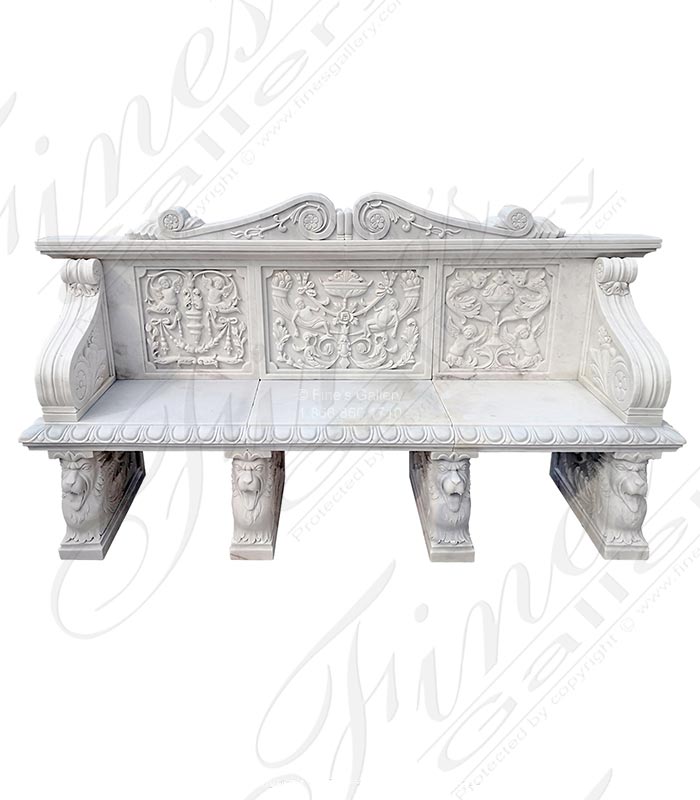 Marble Benches  - Elaborate Hand Carved Statuary White Marble Bench - MBE-727