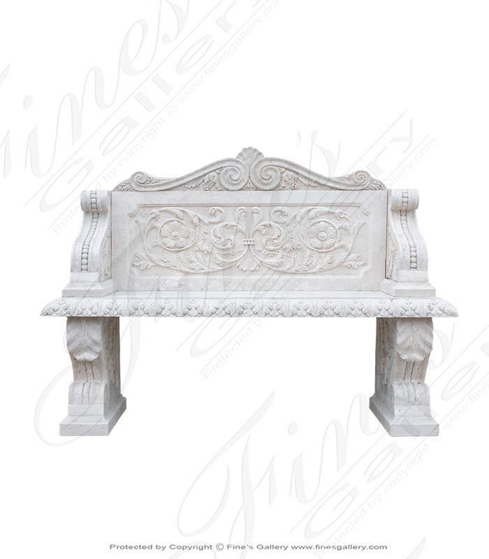 Elaborate Hand Carved Natural Stone Bench in Light Travertine