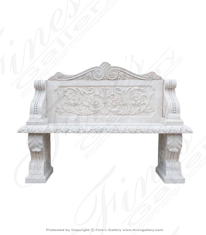 Marble Benches  - Elaborate Hand Carved Natural Stone Bench In Light Travertine - MBE-731