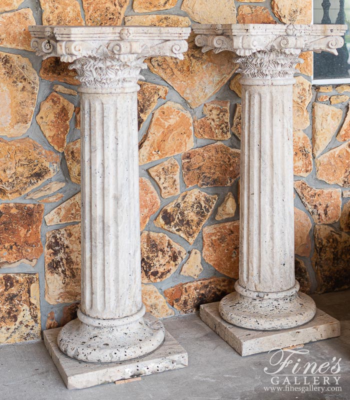 Marble Bases  - Corinthian Style Pedestal Pair In Light Travertine - MBS-298