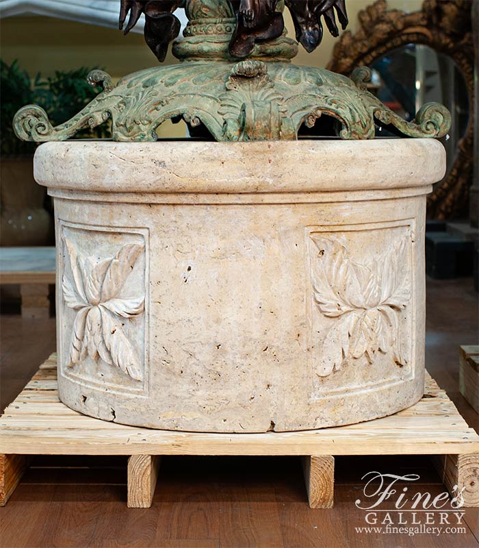Marble Accessories  - Light Travertine Fountain Base With Accanthus Leaf Relief Work - MBS-320