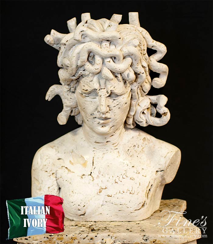Marble Statues  - Italian Ivory Travertine Medusa Bust - MBT-471