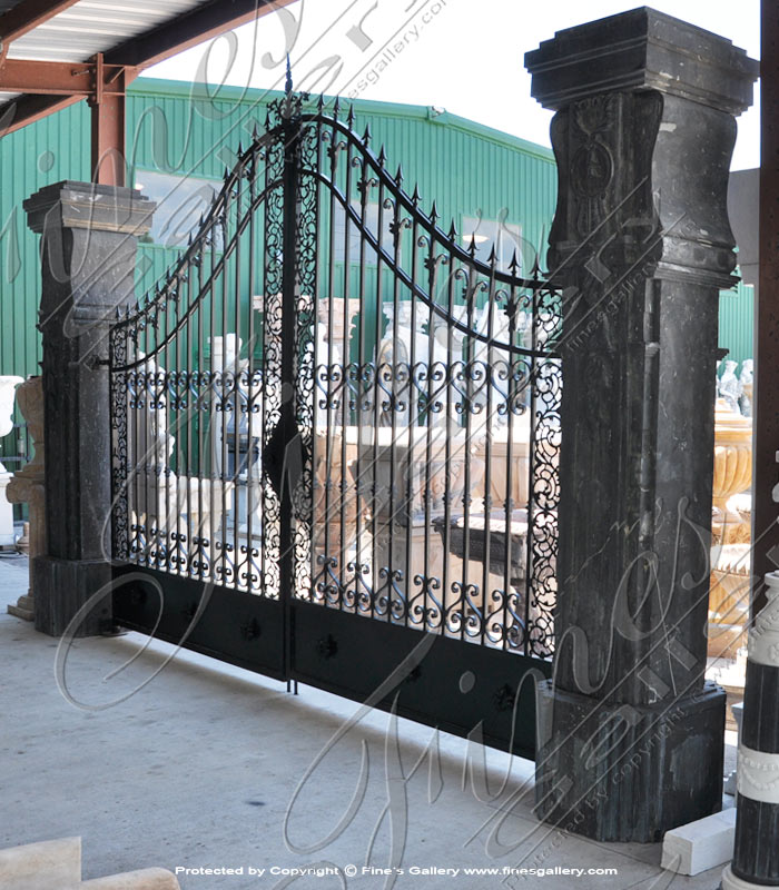 Marble Columns  - Wrought Iron Entry Gate With Natural Stone Posts - MCOL-343