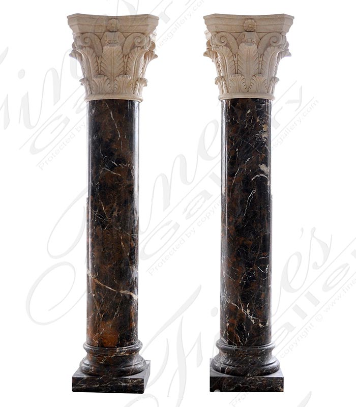 Corinthian Style Marble Column Pair in Black and Gold Marble