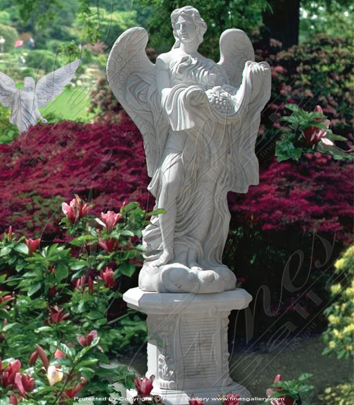 Marble Memorials  - Marble Angel With Flowers Memorial - MEM-070