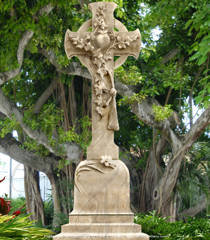 Marble Memorials  - Gold/Beige Marble Ivy Cross Memorial - MEM-177