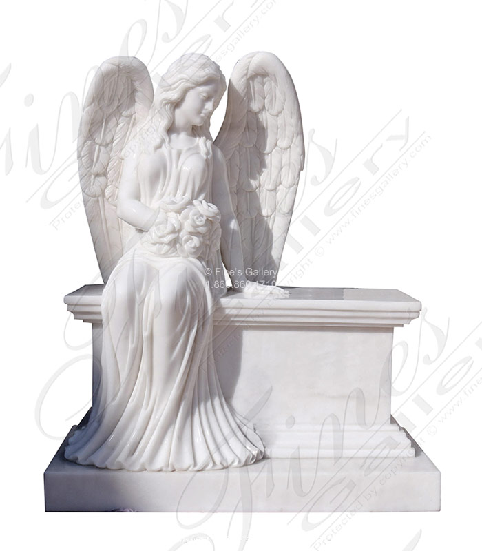 Marble Memorials  - 48 Inch Marble Angel On Bench Monument - MEM-511