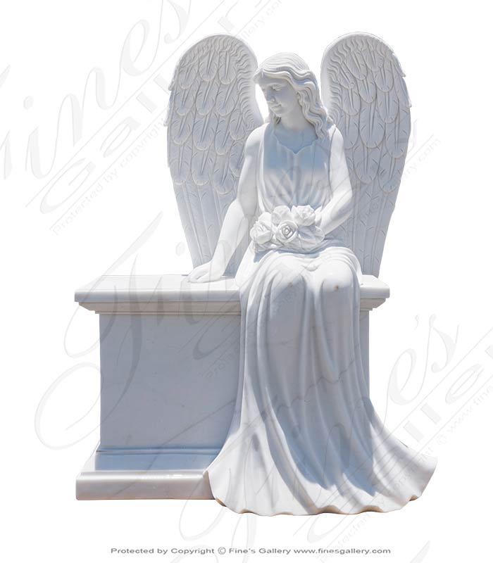 Marble Angel on Bench Monument in Statuary White Marble