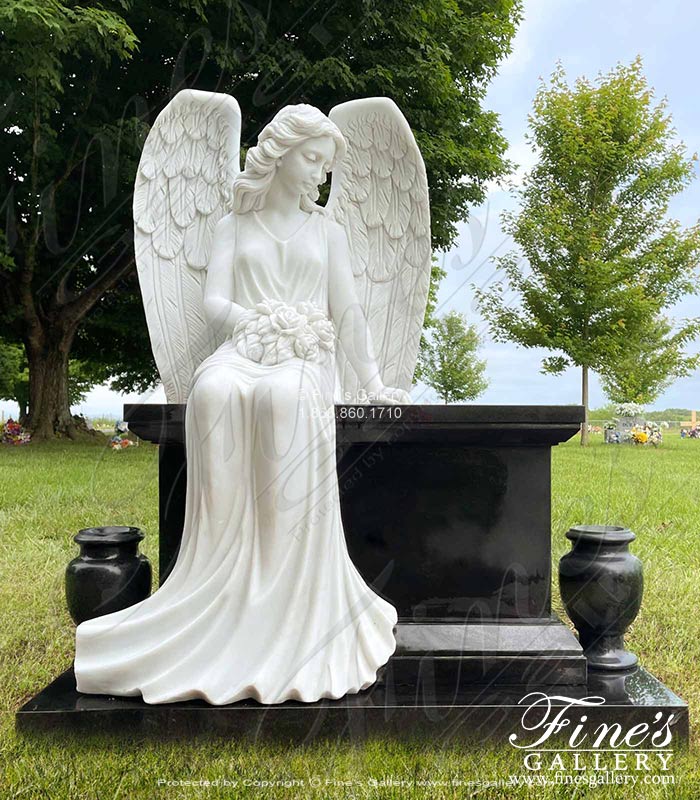 Marble Memorials  - White Marble Angel With Black Granite Bench And Urns - MEM-519