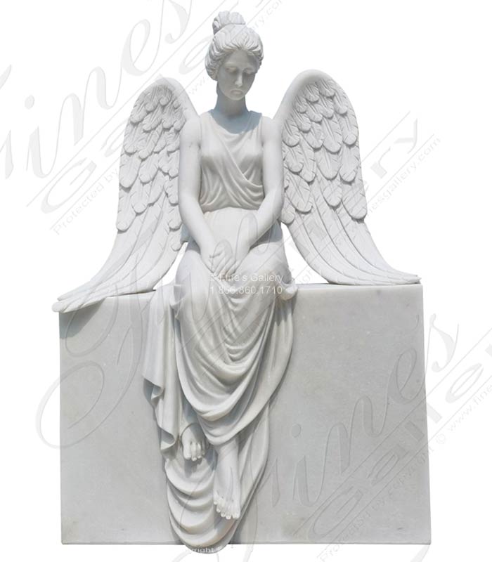 Marble Memorials  - Seated Marble Angel Monument In Statuary White Marble - MEM-524