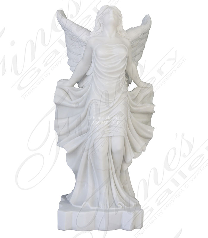 Marble Memorials  - Heavenly Marble Angel Memorial In Statuary White Marble - MEM-526