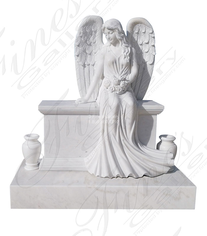 Marble Memorials  - Outstanding Quality Carved Marble Angel Monument, Sub Base And Urns - MEM-527