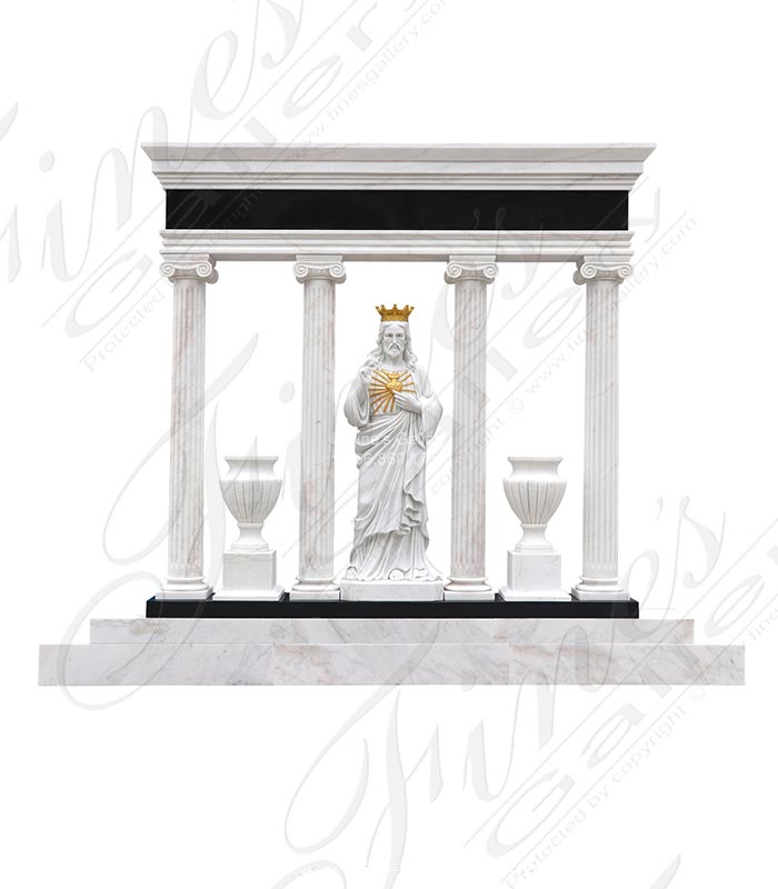 Marble Memorials  - Ionic Column Monument Featuring Golden Crowned Jesus Statue - MEM-528