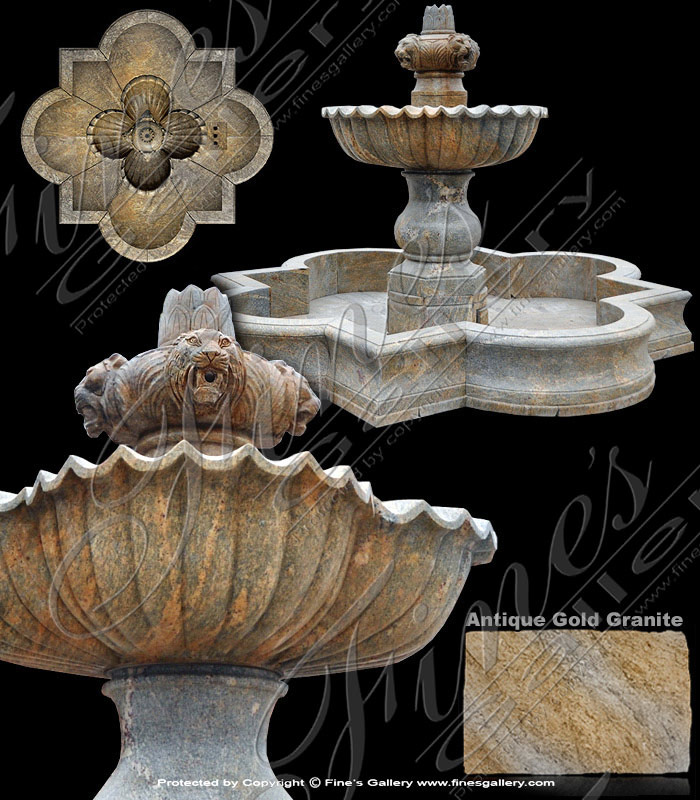 Marble Fountains  - Tiered Lion Head Fountain In Granite - MF-1375