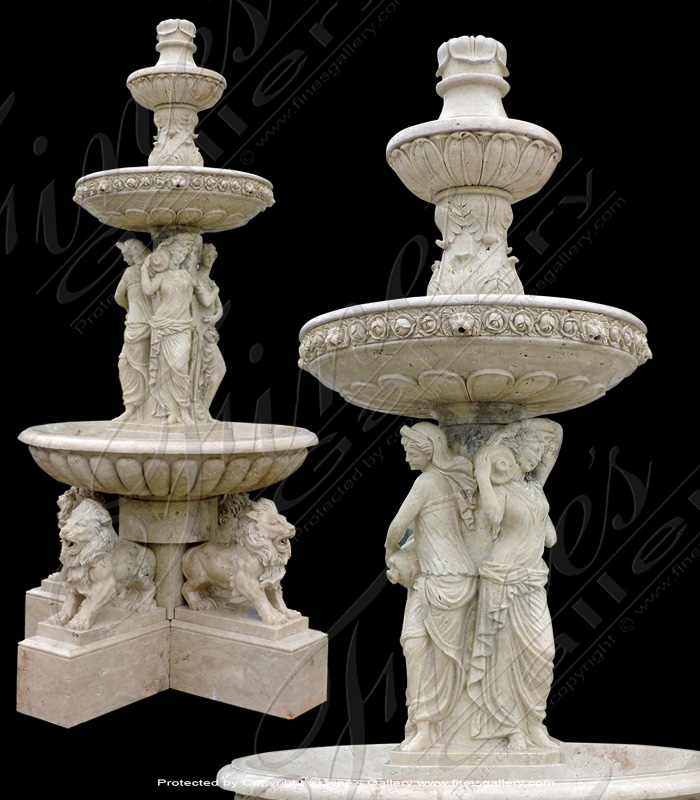 Marble Fountains  - Light Travertine Ladies And Lions Fountain - MF-1746