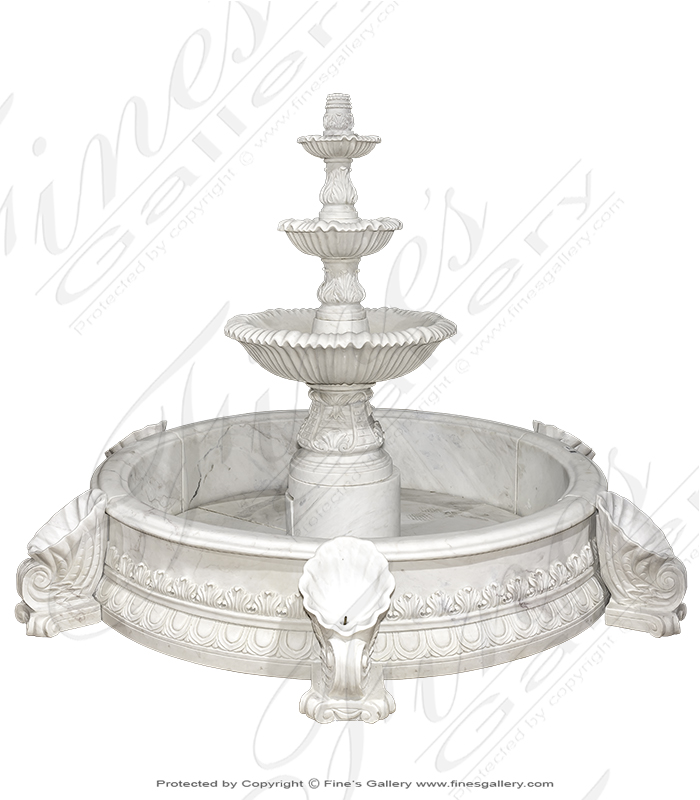 Marble Fountains  - White Marble Fountain With Elaborate Cornicopia Shell Pool Surround - MF-1782