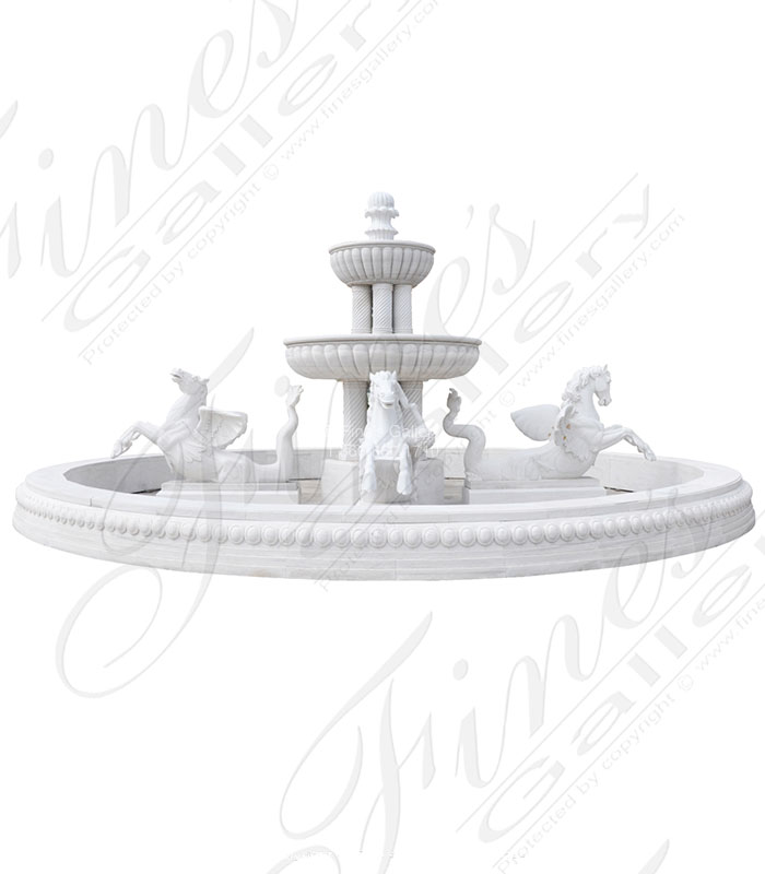 Marble Fountains  - Massive White Marble Fountain Featuring Winged Horses - MF-2085