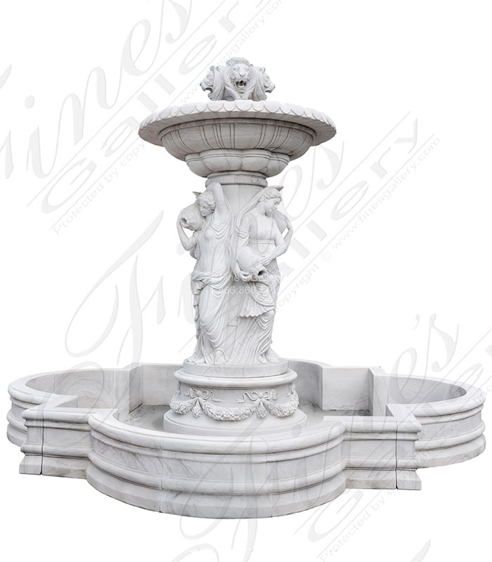 Marble Fountains  - Elegant European Influenced Ladies And Lions Water Fountain - MF-2091