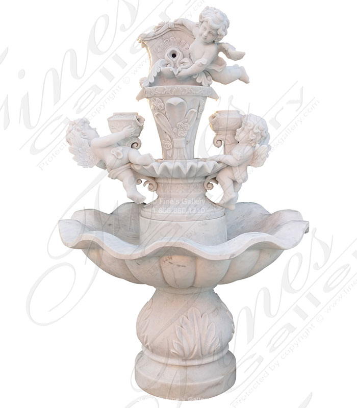 Marble Fountains  - Heavenly Cherub Fountain In Light Statuary White Marble - MF-2093