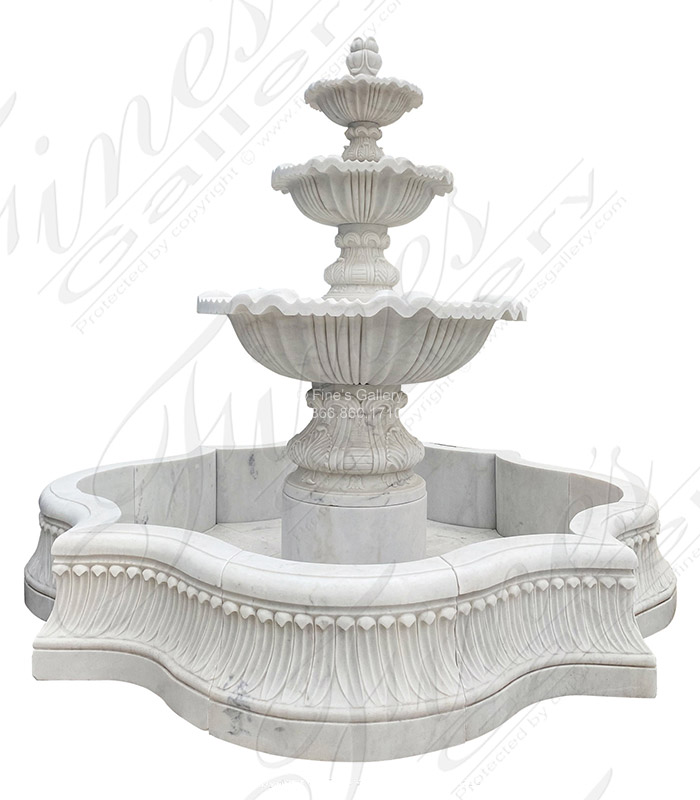 Marble Fountains  - Elaborate Fountain And Matching Pool Basin In Elegant White Marble - MF-2129