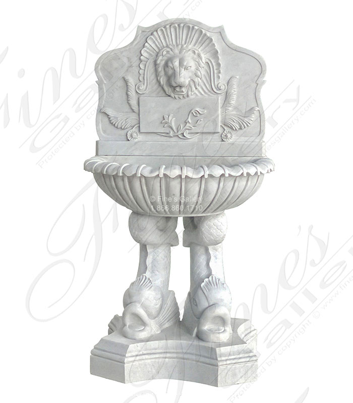 Marble Fountains  - Ornate Lion And Fish Wall Fountain In Statuary White Marble - MF-2167