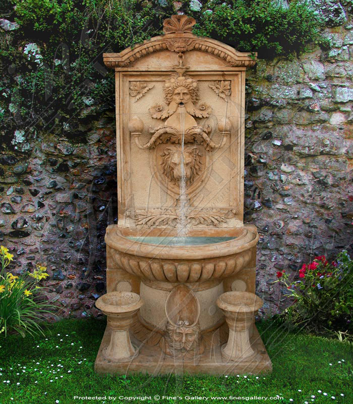 Marble Fountains  - Majestic Flora Lionhead Marble Wall Fountain - MF-440