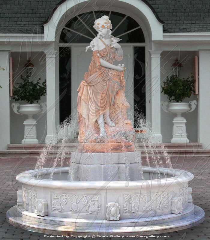 Marble Fountains  - 2 Toned Marble Lady With Birds - MF-537