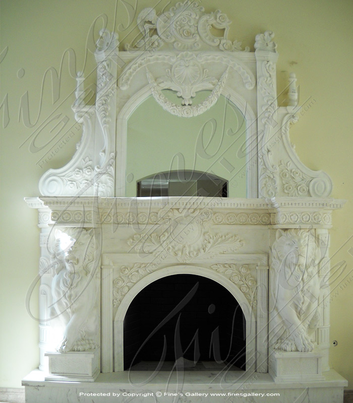 Marble Fireplaces  - Grand White Marble Lions Mante - MFP-1611